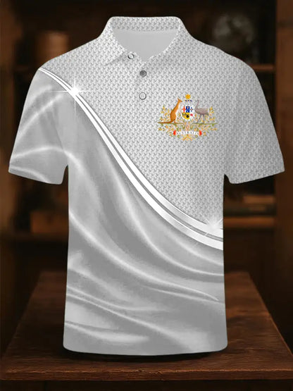 Men’s Vintage Australian Flag Coat of Arms Lines Printed Casual Cotton Short Sleeve Polo Shirt White / S