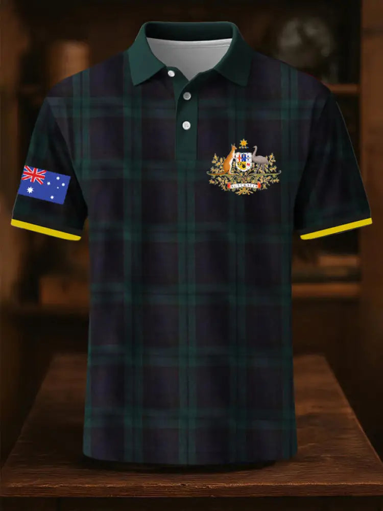 Men’s Vintage Australian Flag Coat of Arms Plaid Printed Casual Cotton Short Sleeve Polo Shirt Green / S