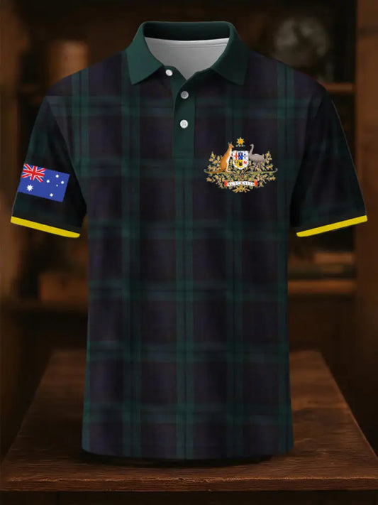 Men’s Vintage Australian Flag Coat of Arms Plaid Printed Casual Cotton Short Sleeve Polo Shirt Green / S