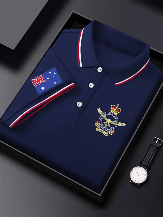 Men’s Vintage Australian Flag Coat of Arms Printed Casual Cotton Short Sleeve Polo Shirt Dark Blue / S