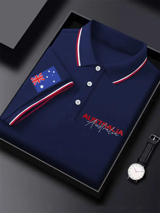 Men’s Vintage Australian Flag Coat of Arms Printed Casual Cotton Short Sleeve Polo Shirt Dark Blue / S