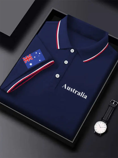 Men’s Vintage Australian Flag Coat of Arms Printed Casual Cotton Short Sleeve Polo Shirt Dark Blue / S