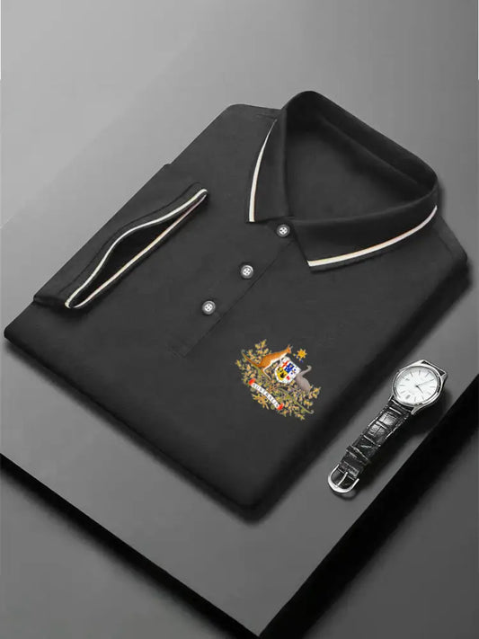 Men’s Vintage Australian Flag Coat of Arms Printed Casual Cotton Short Sleeve Polo Shirt Dark Gray / S