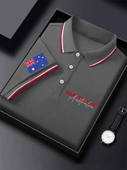 Men’s Vintage Australian Flag Coat of Arms Printed Casual Cotton Short Sleeve Polo Shirt Gray / S