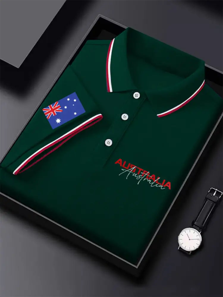 Men’s Vintage Australian Flag Coat of Arms Printed Casual Cotton Short Sleeve Polo Shirt Green / S