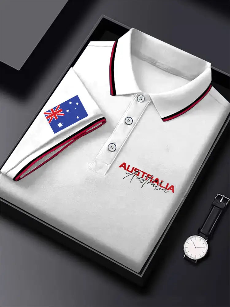 Men’s Vintage Australian Flag Coat of Arms Printed Casual Cotton Short Sleeve Polo Shirt White / S
