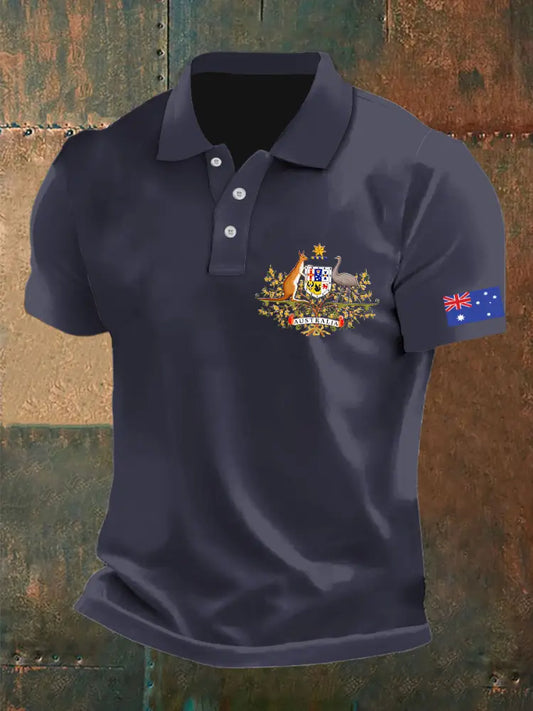 Men’s Vintage Australian Flag Crest Printed Casual Cotton Short Sleeve Polo Shirt Dark Blue / S