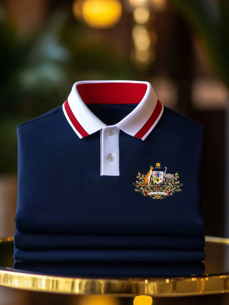 Men’s Vintage Australian Flag Crest Printed Casual Cotton Short Sleeve Polo Shirt Dark Blue / S