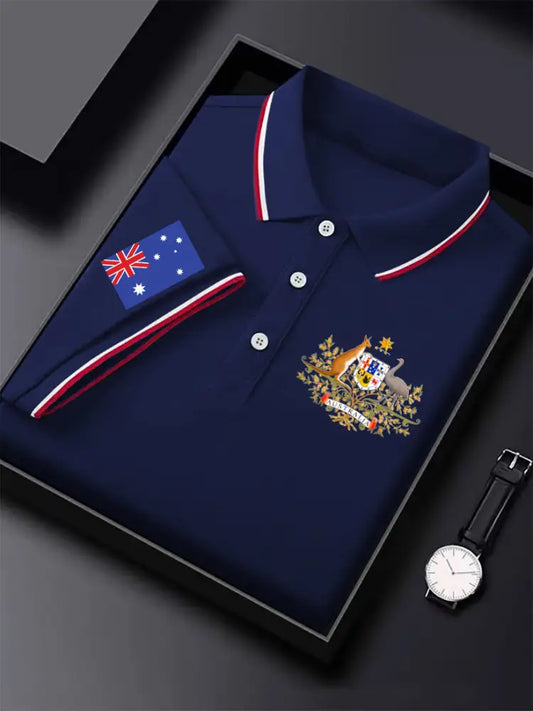 Men’s Vintage Australian Flag Crest Printed Casual Cotton Short Sleeve Polo Shirt Dark Blue / S