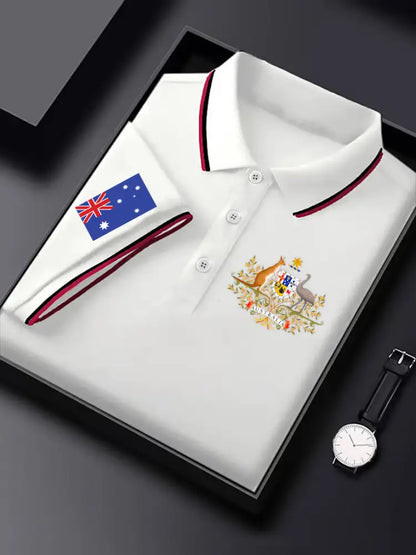 Men’s Vintage Australian Flag Crest Printed Casual Cotton Short Sleeve Polo Shirt White / S
