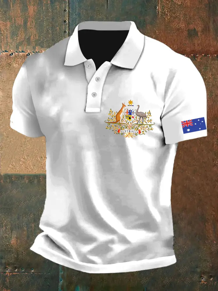 Men’s Vintage Australian Flag Crest Printed Casual Cotton Short Sleeve Polo Shirt White / S