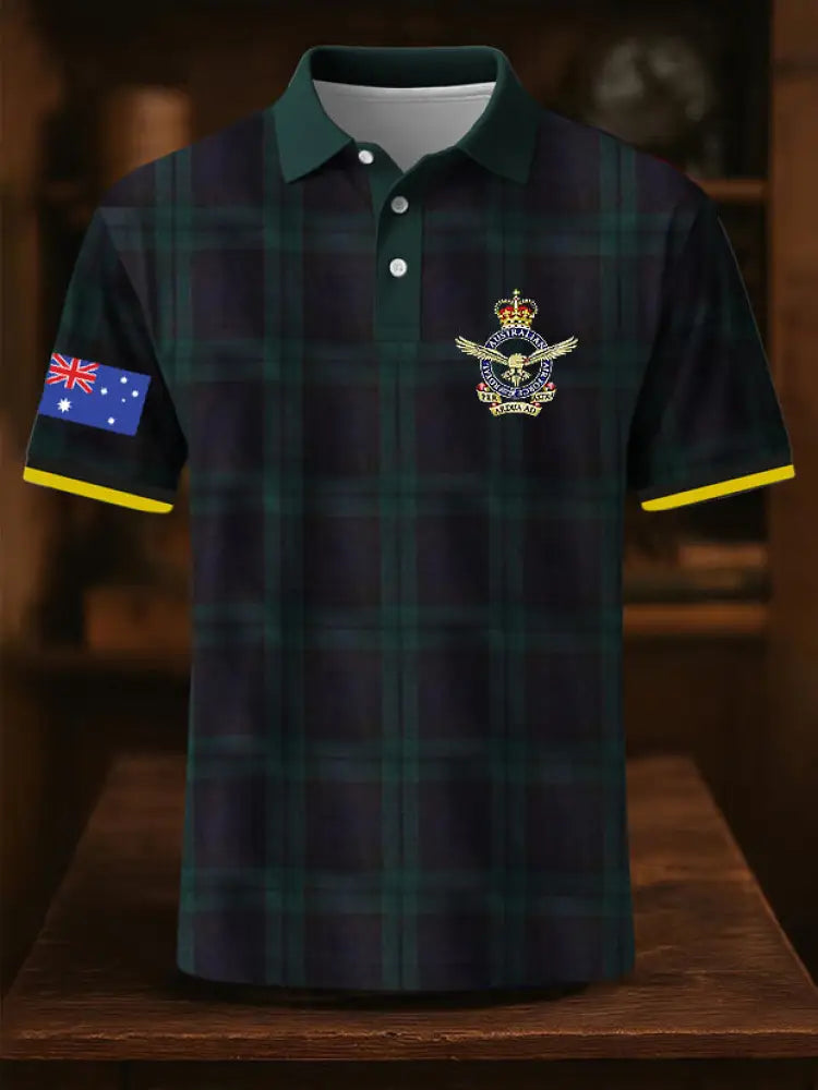 Men’s Vintage Australian Flag Crown Plaid Printed Casual Cotton Short Sleeve Polo Shirt Green / S