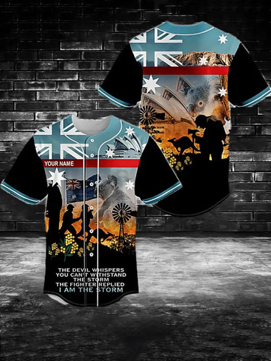 Men’s Vintage Australian Flag Customize Firefighter Print Casual Cotton Short Sleeve Shirt Baseball Jersey As picture