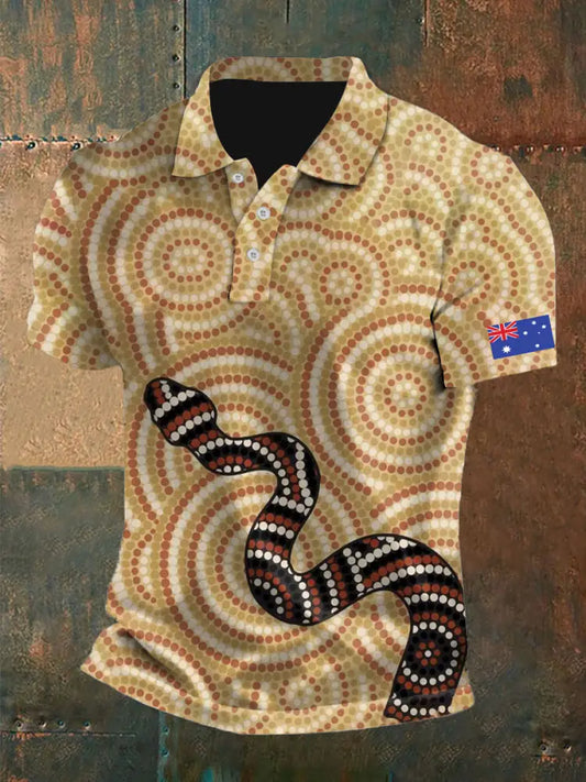 Men’s Vintage Australian Flag Dot Painting Snake Printed Casual Cotton Short Sleeve Polo Shirt Apricot / S