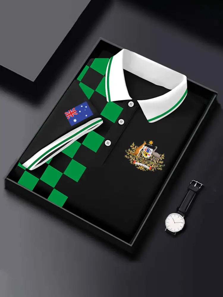 Men’s Vintage Australian Flag Emblem Plaid Printed Casual Cotton Short Sleeve Polo Shirt Green / S