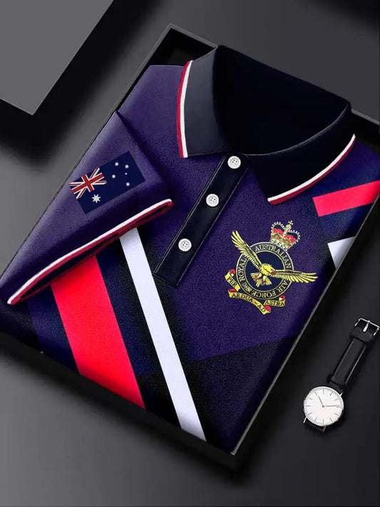 Men’s Vintage Australian Flag Emblem Printed Casual Business Polo Shirt Colorful / S