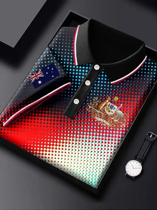 Men’s Vintage Australian Flag Geometric Print Casual Business Polo Shirt Colorful / S