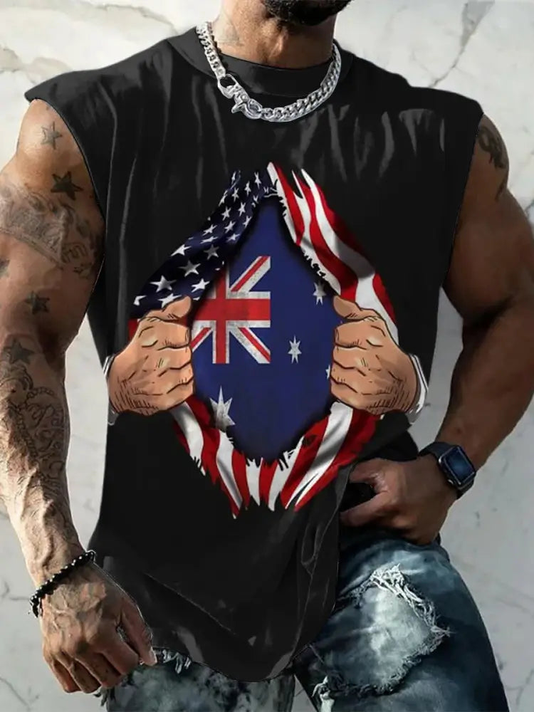 Men’s Vintage Australian Flag Hand Tearaway Design Print Comfortable Casual Cotton Tank Top Black / S