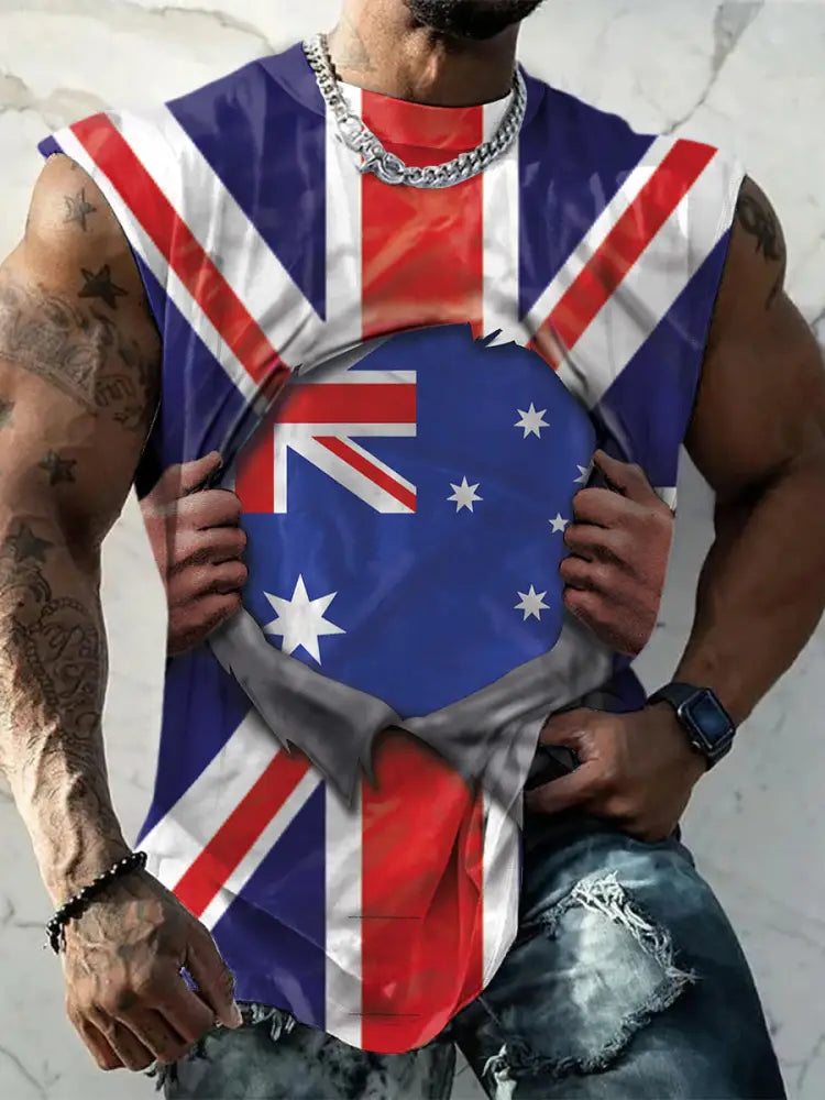 Men’s Vintage Australian Flag Hand Tearaway Design Print Comfortable Casual Cotton Tank Top Dark Blue / S