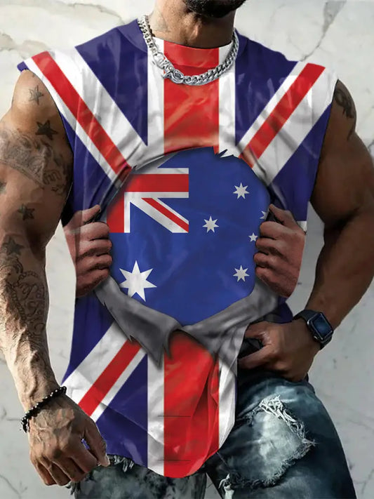 Men’s Vintage Australian Flag Hand Tearaway Design Print Comfortable Casual Cotton Tank Top Dark Blue / S