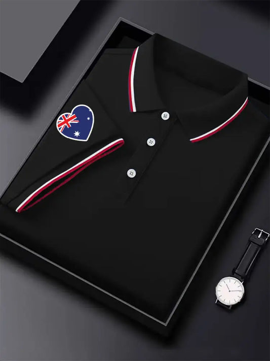 Men’s Vintage Australian Flag Heart Printed Casual Cotton Short Sleeve Polo Shirt Black / S