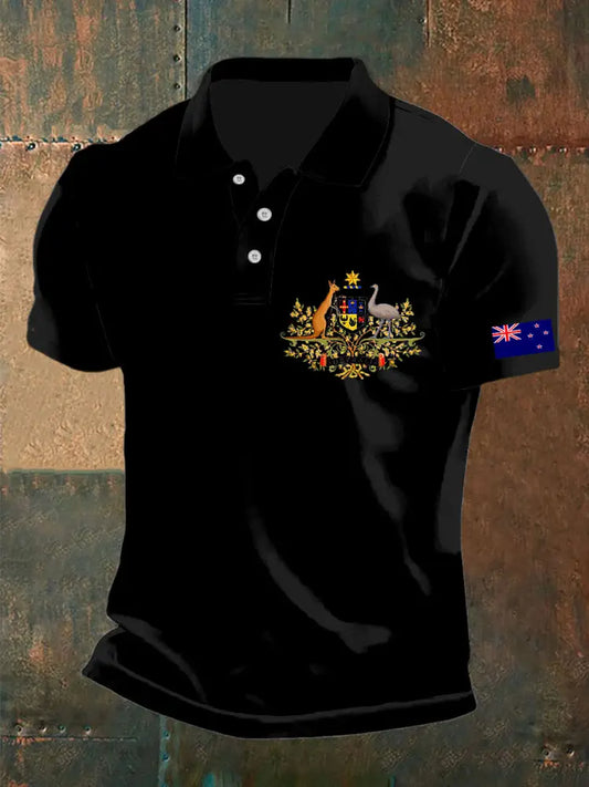 Men’s Vintage Australian Flag Kangaroo and Emu Badge Printed Business Casual Cotton Short Sleeve Polo Shirt Black / S