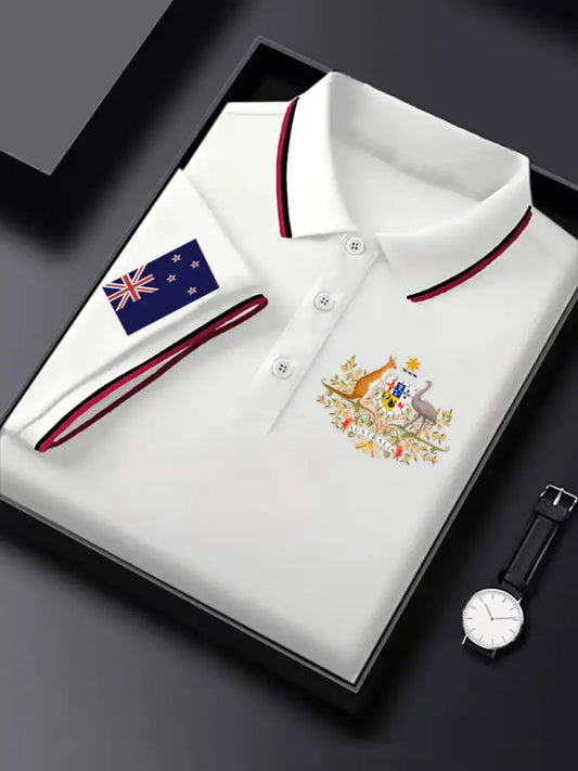 Men’s Vintage Australian Flag Kangaroo and Emu Badge Printed Business Casual Cotton Short Sleeve Polo Shirt White / S