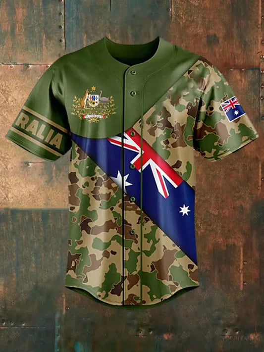 Men’s Vintage Australian Flag Kangaroo and Emu Camouflage Patchwork Print Casual Cotton Short Sleeve Shirt Baseball