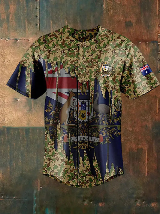 Men’s Vintage Australian Flag Kangaroo and Emu Camouflage Patchwork Print Casual Cotton Short Sleeve Shirt Baseball