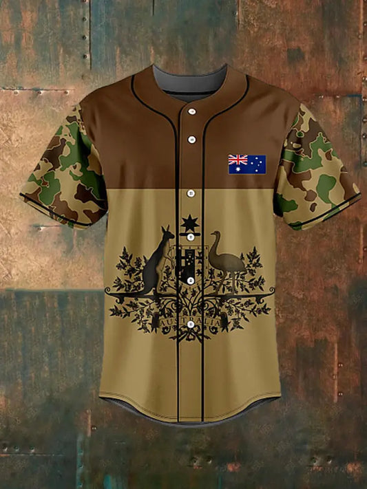 Men’s Vintage Australian Flag Kangaroo and Emu Patchwork Print Casual Cotton Short Sleeve Shirt Baseball Jersey Brown