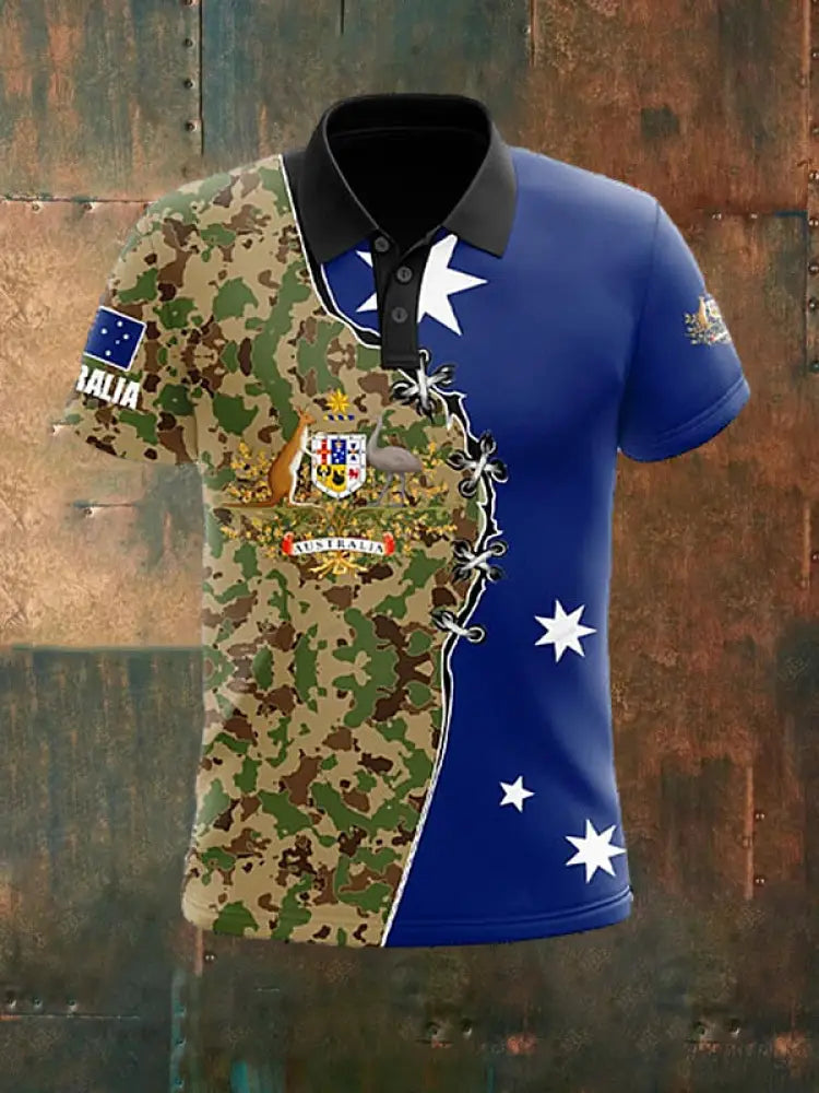 Men’s Vintage Australian Flag Kangaroo Camouflage Patchwork Printed Casual Cotton Short Sleeve Polo Shirt As picture / S