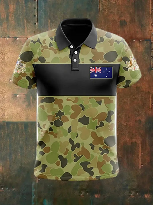 Men’s Vintage Australian Flag Kangaroo Camouflage Patchwork Printed Casual Cotton Short Sleeve Polo Shirt Green / S