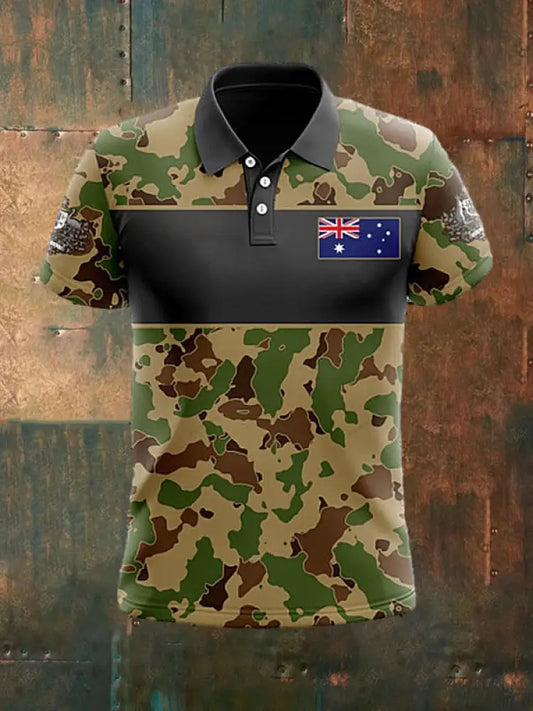 Men’s Vintage Australian Flag Kangaroo Camouflage Patchwork Printed Casual Cotton Short Sleeve Polo Shirt Green / S