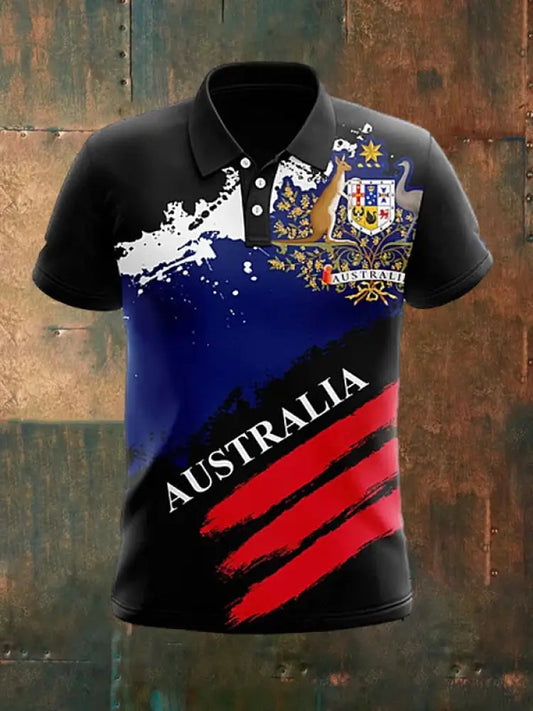 Men’s Vintage Australian Flag Kangaroo Emu Patchwork Printed Casual Cotton Short Sleeve Polo Shirt Black / S