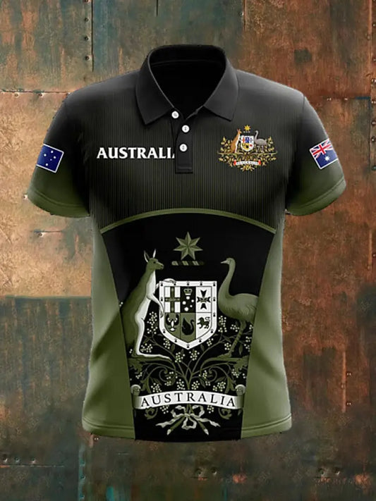 Men’s Vintage Australian Flag Kangaroo Patchwork Printed Casual Cotton Short Sleeve Polo Shirt Green / S