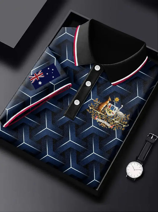 Men’s Vintage Australian Flag Kangaroo Print Casual Business Polo Shirt Colorful / S