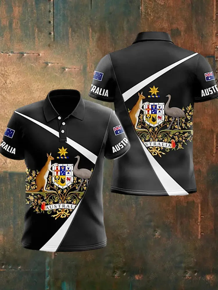 Men’s Vintage Australian Flag Kangaroo Printed Casual Cotton Short Sleeve Polo Shirt Black / S