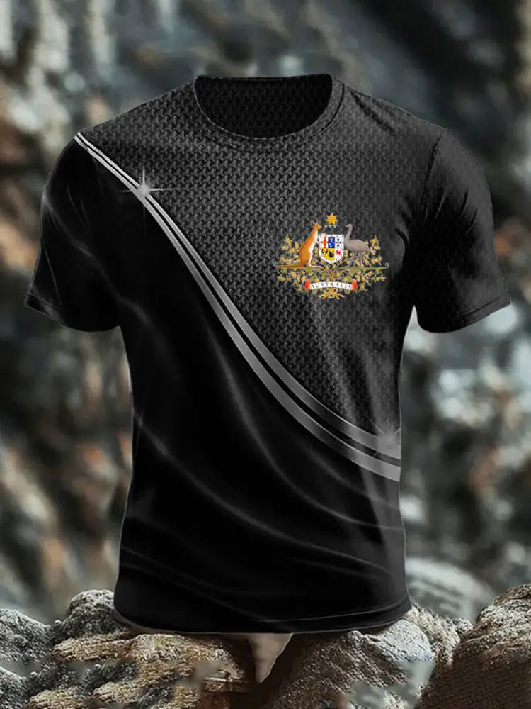 Men’s Vintage Australian Flag Line Patchwork Print Casual Cotton Short Sleeve T-Shirt Black / S