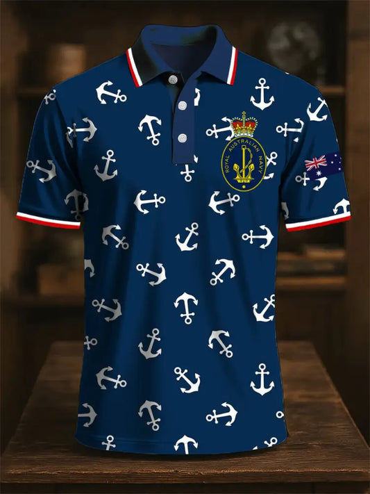 Mens Vintage Australian Flag Navy Emblem Print Casual Cotton Polo Shirt Colorful / S