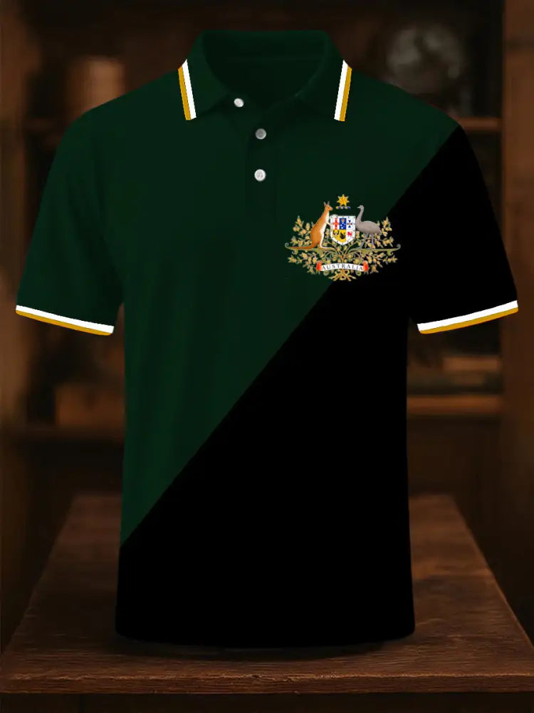 Men’s Vintage Australian Flag Patchwork Printed Casual Cotton Short Sleeve Polo Shirt Green / S