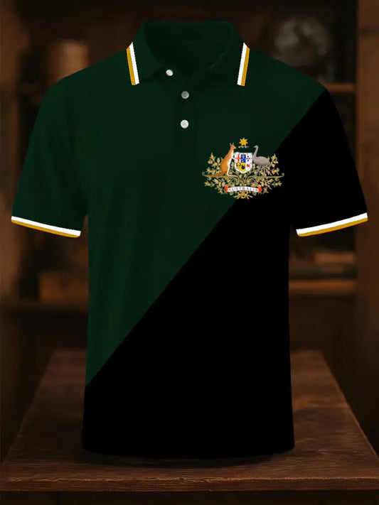 Men’s Vintage Australian Flag Patchwork Printed Casual Cotton Short Sleeve Polo Shirt Green / S
