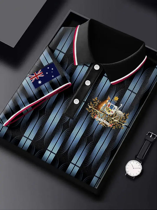 Men’s Vintage Australian Flag Print Casual Business Polo Shirt Colorful / S