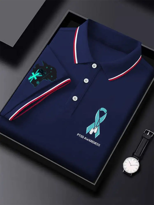 Men’s Vintage Australian Flag PTSD Disease Printed Casual Cotton Short Sleeve Polo Shirt Dark Blue / S