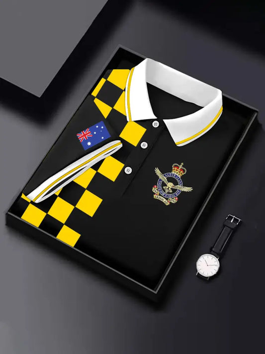Men’s Vintage Australian Flag Royal Air Force Printed Casual Cotton Short Sleeve Polo Shirt Yellow / S