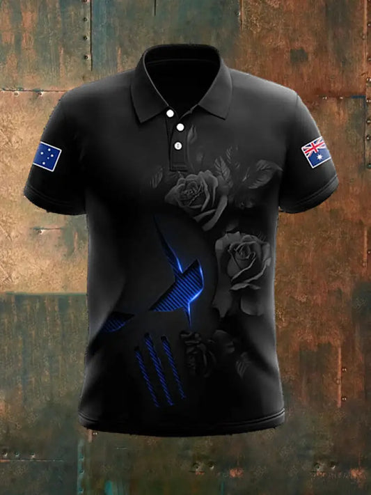 Men’s Vintage Australian Flag Skull Rose Printed Casual Cotton Short Sleeve Polo Shirt Black / S