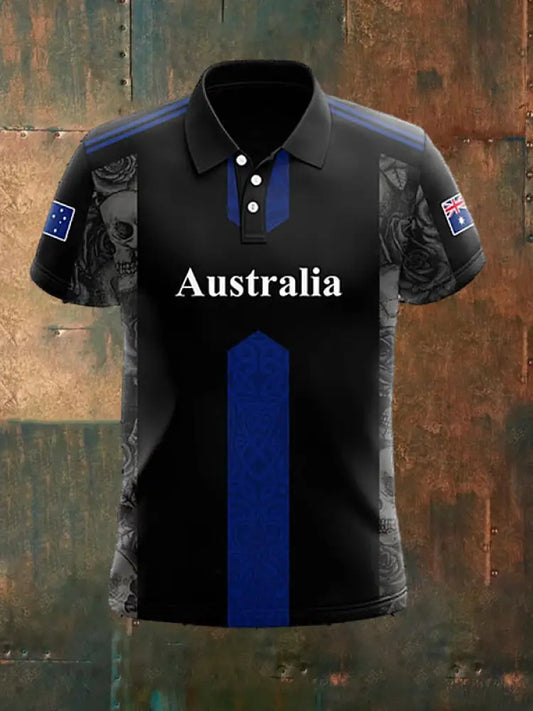 Men’s Vintage Australian Flag Skull Rose Printed Casual Cotton Short Sleeve Polo Shirt Black / S