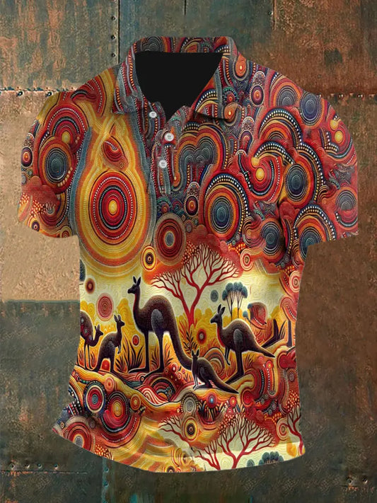 Men’s Vintage Australian Kangaroo Aboriginal Dot Art Painting Printed Casual Cotton Short Sleeve Polo Shirt As picture