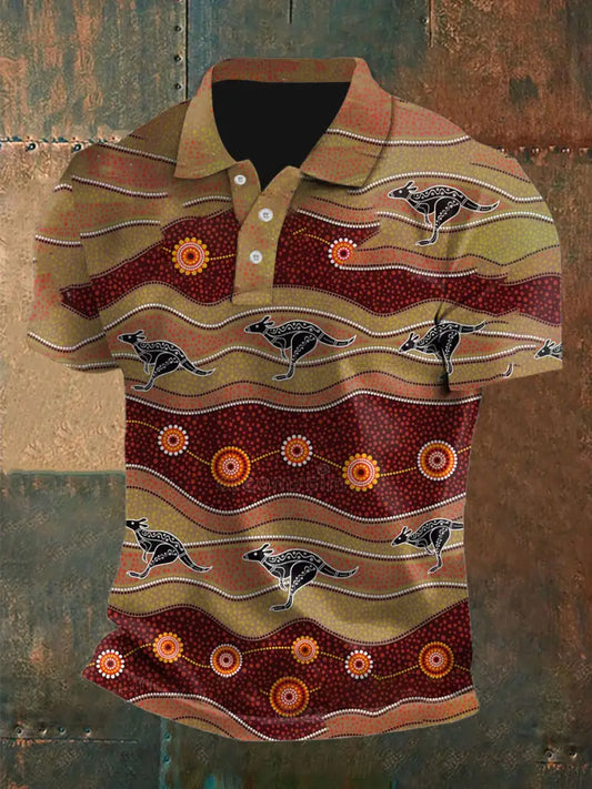 Men’s Vintage Australian Kangaroo Aboriginal Dots Colourful Art Paintings Printed Casual Cotton Short Sleeve Polo Shirt
