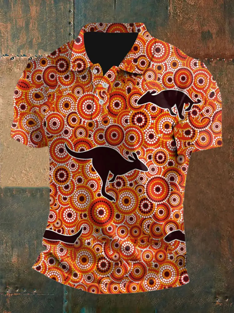 Men’s Vintage Australian Kangaroo Aboriginal Dots Colourful Art Paintings Printed Casual Cotton Short Sleeve Polo Shirt
