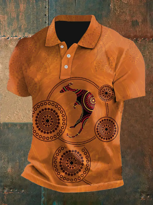 Men’s Vintage Australian Kangaroo Aboriginal Dots Colourful Art Paintings Printed Casual Cotton Short Sleeve Polo Shirt